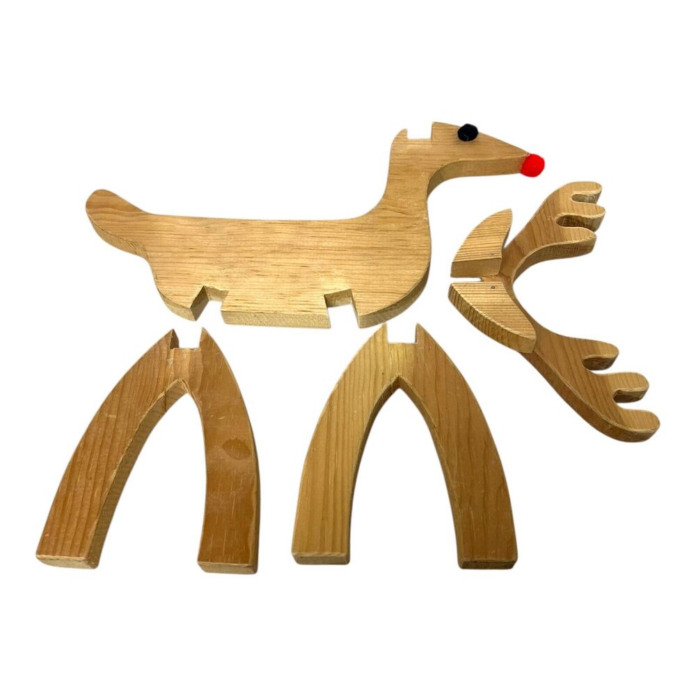 MCM Handmade Wooden Reindeer Rudolph Pom Eyes 16” Puzzle Statue Kitsch Atomic - Picture 7 of 9